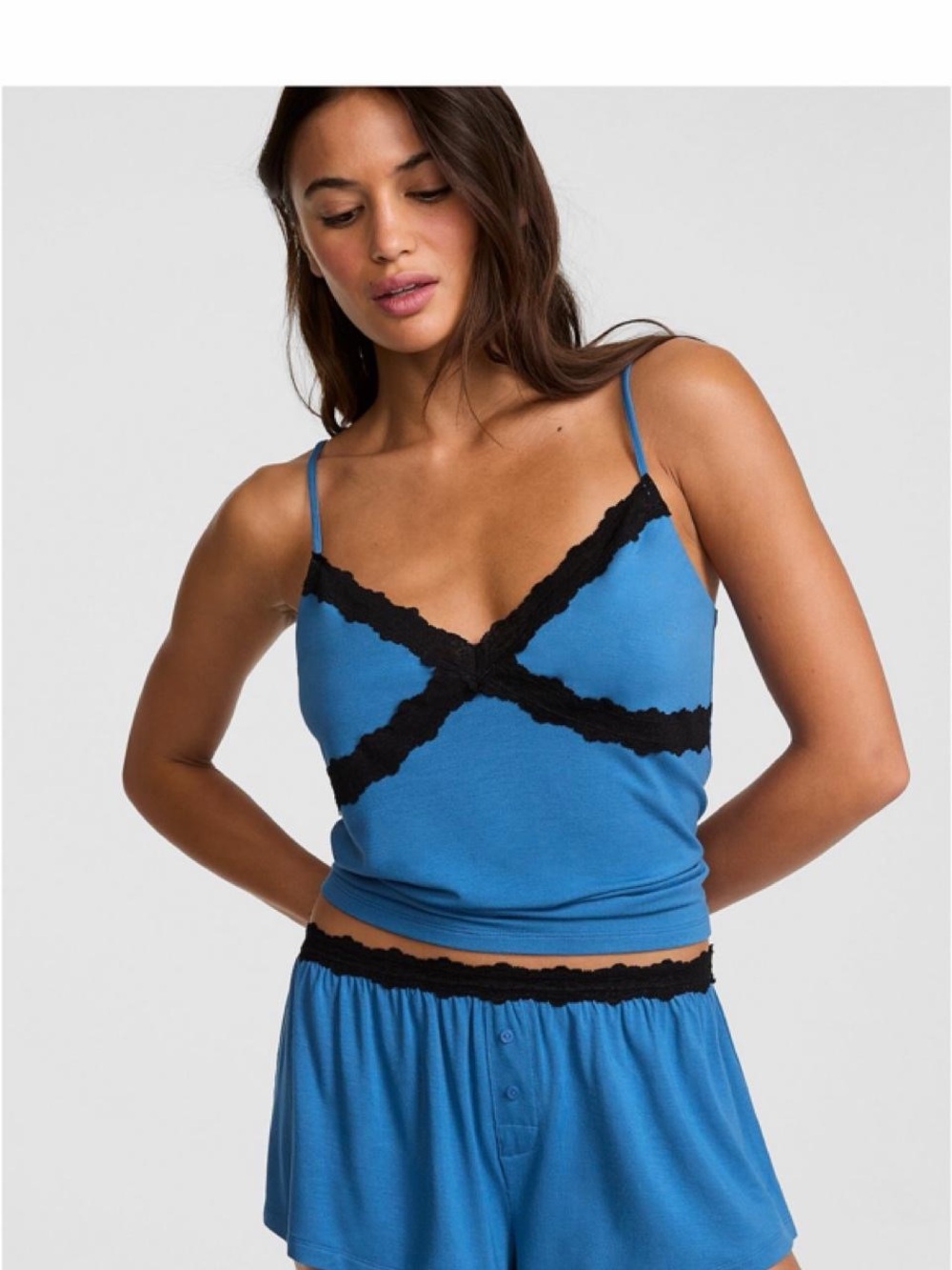 PINK Victoria's Secret Blue Cami & Short Sleep Set with Black Lace